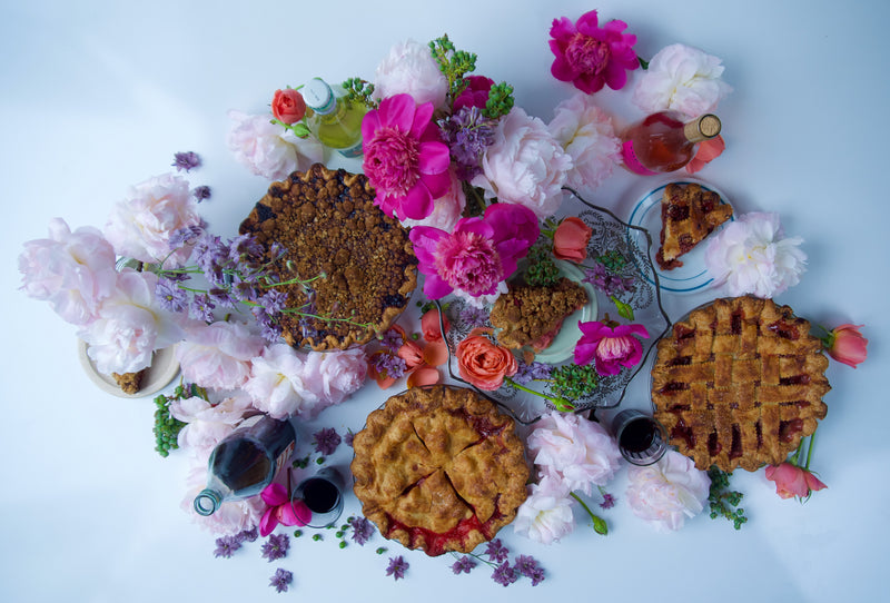 PIE, WINE, FLOWERS